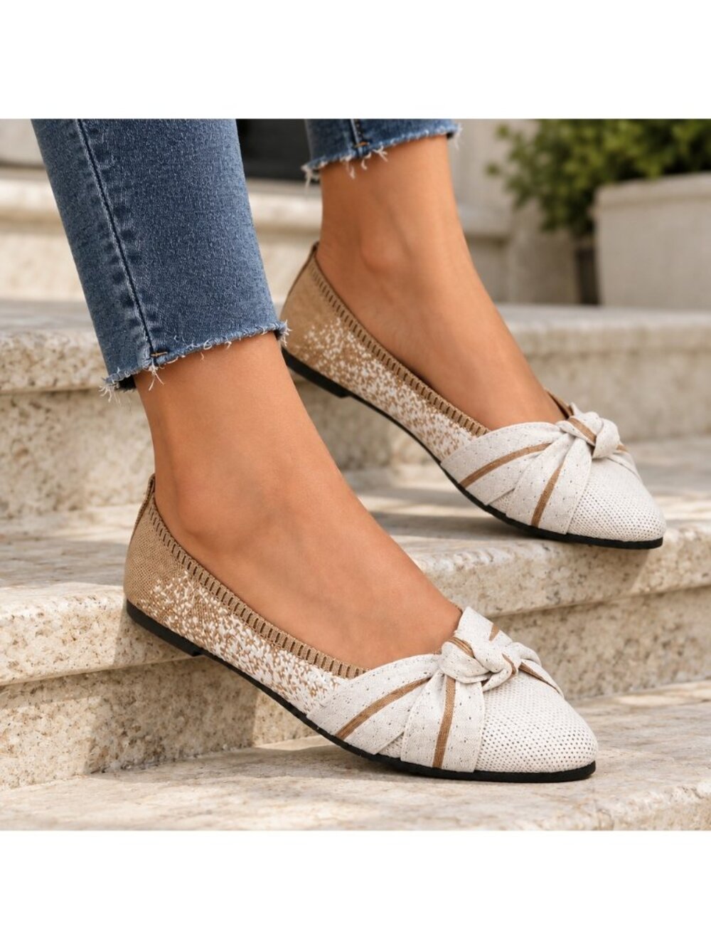 Twisted Knot Pointed Toe Speckle Knit Ballet Flats Ombre Breathable Slip-On Shoe